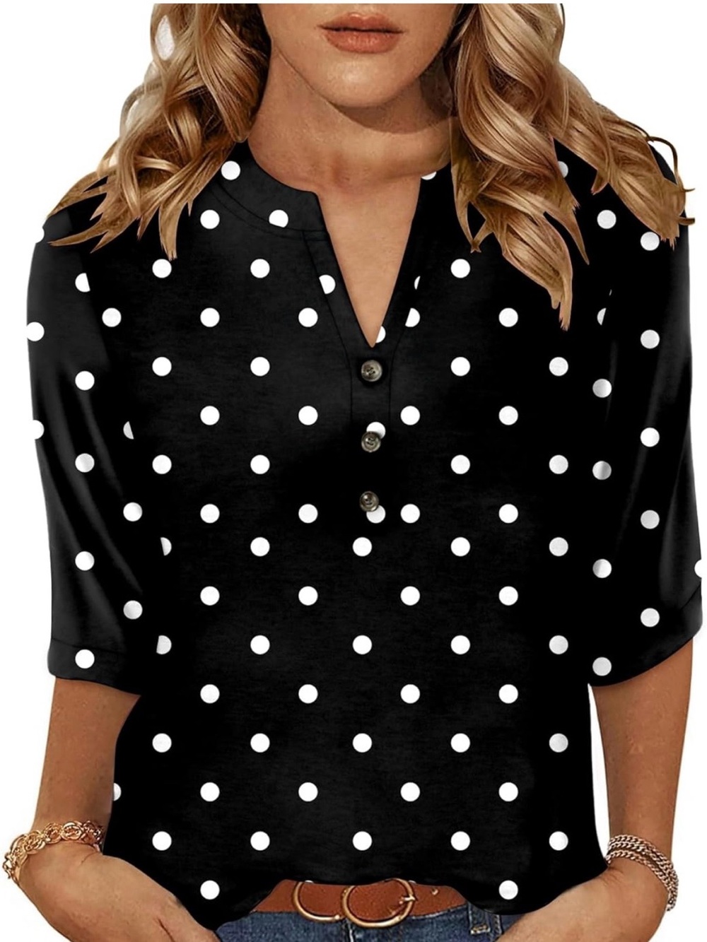 Black Polka Dot Henley Top - Classic Women's Shirt